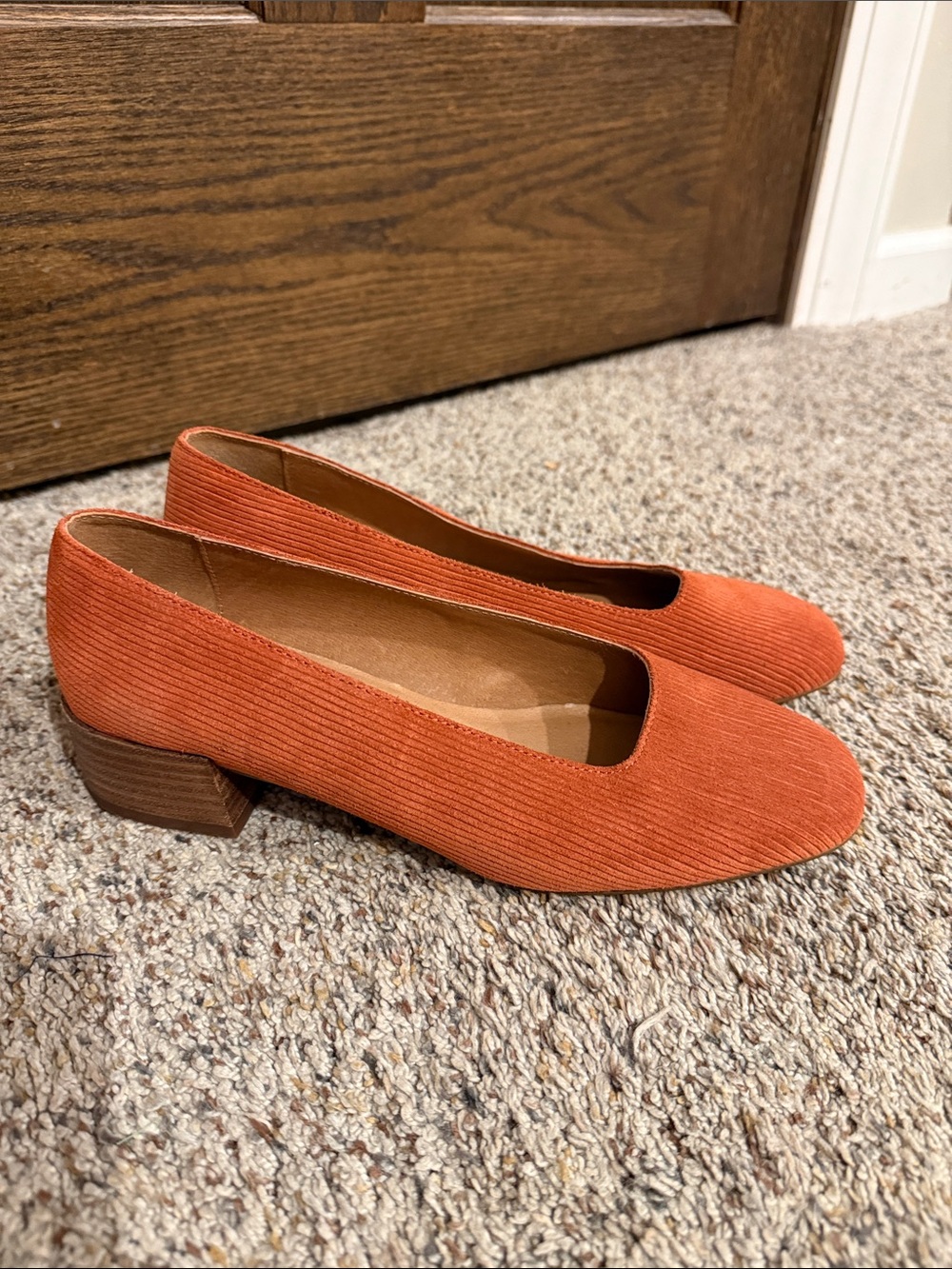 Madewell Orange leather Corduroy Low Block Heel Pumps Size 8